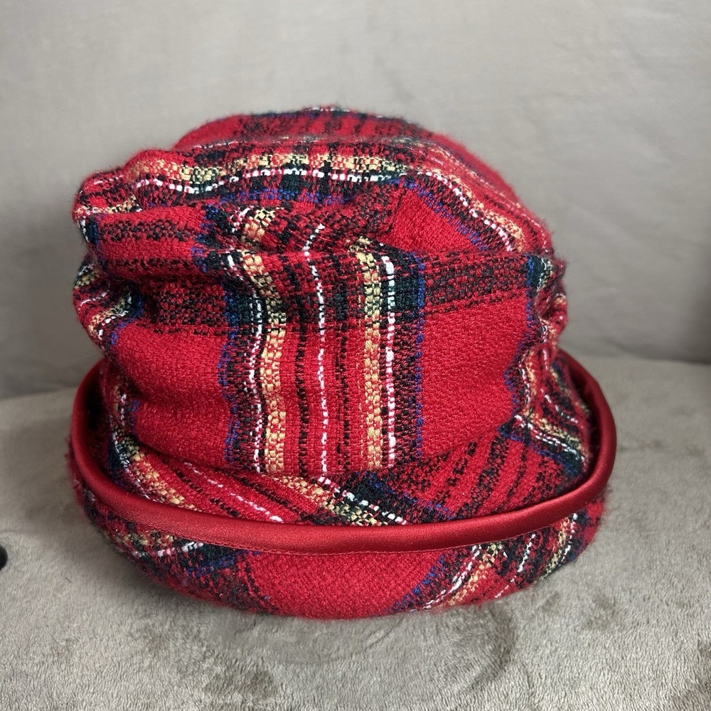 Rakhmanina Red Plaid Bucket Cloche Hat Womens Tartan Rolled Brim Lined